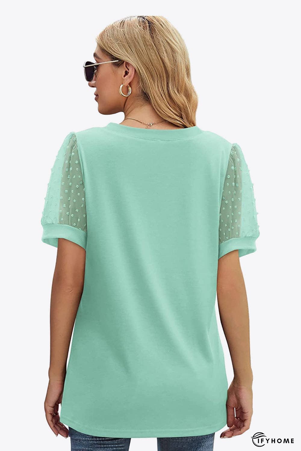 Swiss Dot Puff Sleeve V-Neck Tee | IFYHOME