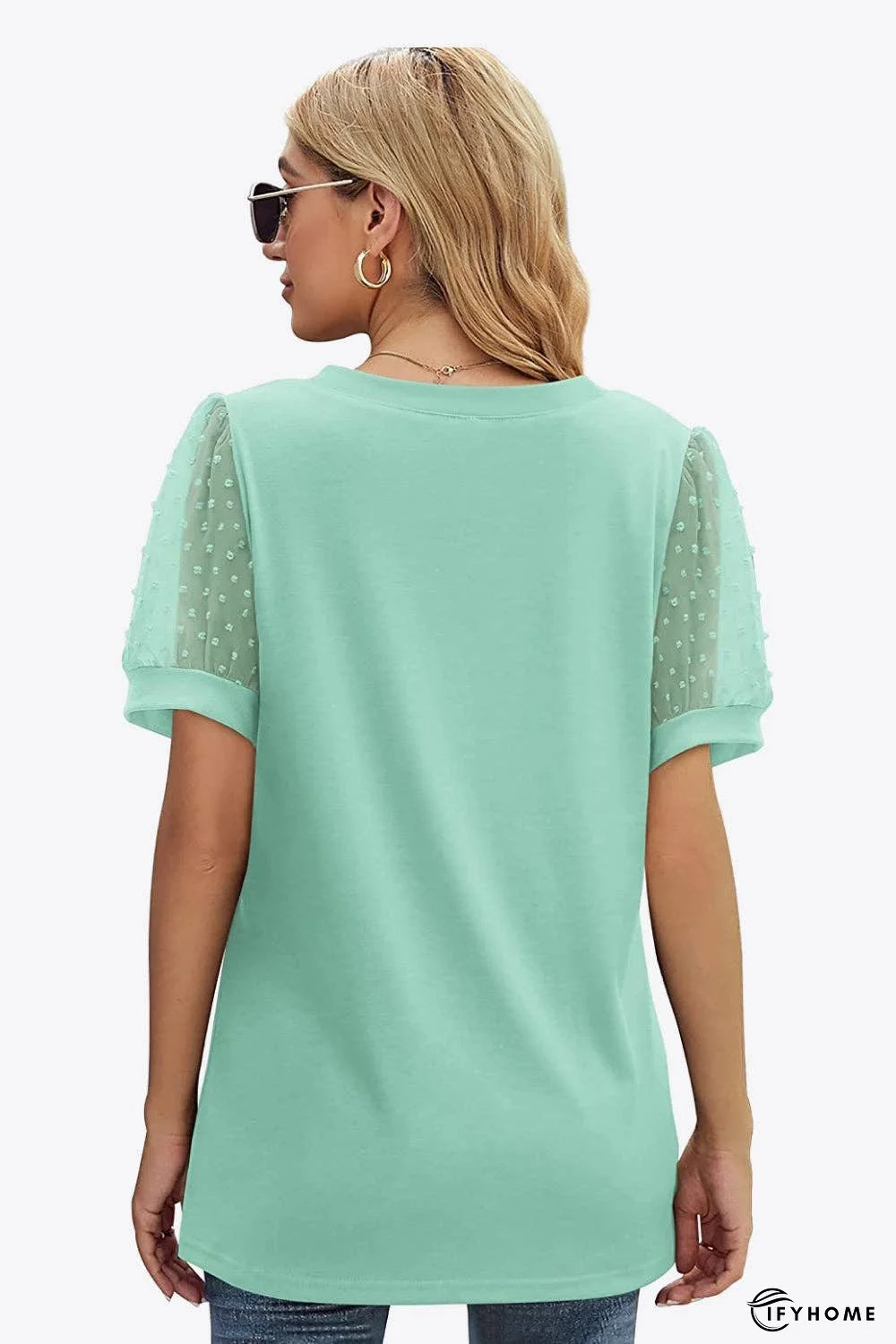Swiss Dot Puff Sleeve V-Neck Tee | IFYHOME