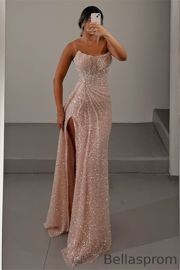 Bellasprom Strapless Sleeveless Mermaid Prom Dress With Split Sequins On Sale Bellasprom