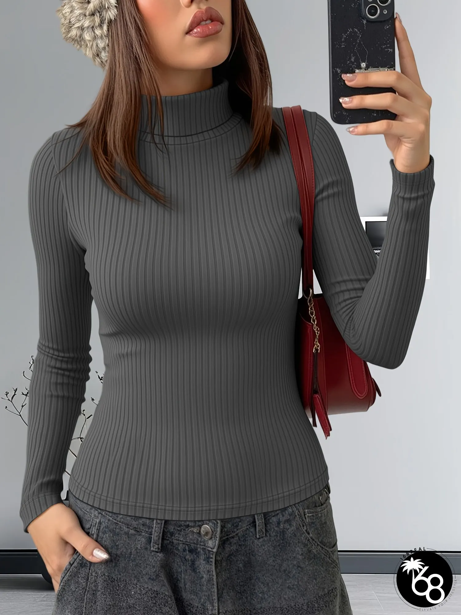Womens Elegant Turtleneck Sweater Soft Pastel Lavender Long sleeve ribbed texture high | 168DEAL