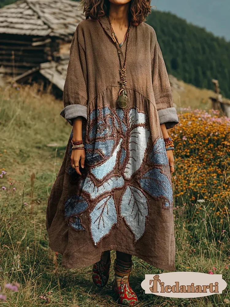 Women's Floral Art Prints Long-sleeved V-neck Comfortable Cotton Pocket Dress