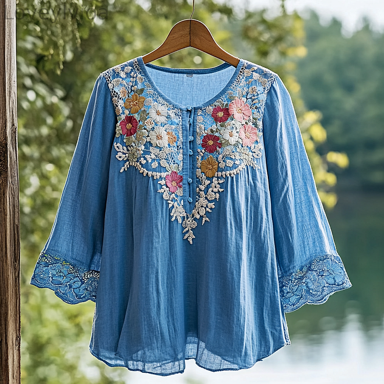 Women's Lace Cut-out Floral Button Linen Shirt