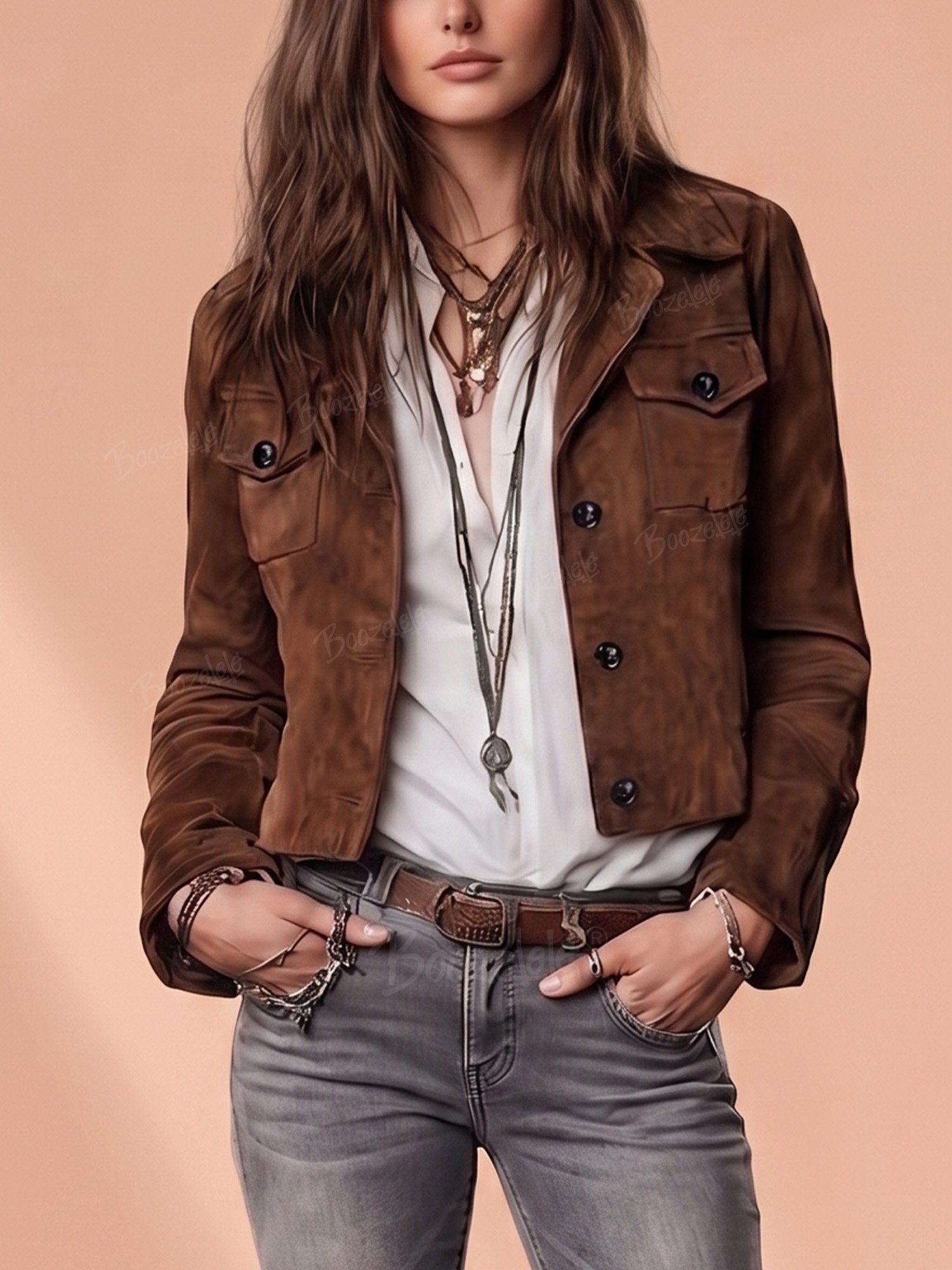 Western Outfits &mdash; Cognac Brown Cropped Utility Flap Pocket Premium Suede Jacket