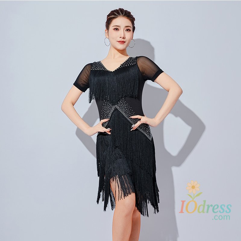 IO Dress Summer Fringe Latin Dance Dress Women Samba Rumba Dance Outfit Black Short Sleeve Dresses Adult Practice Dancewear Red VDL4076