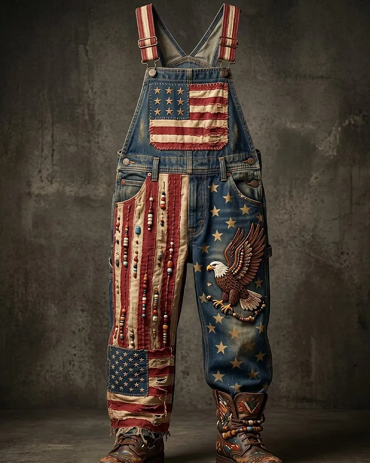 Men's Summer Outdoor Casual Independence Day 3D Embroidered Denim Jumpsuit Overalls 3861