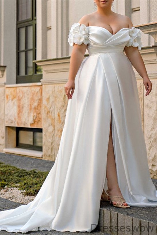 Dresseswow Off-the-Shoulder Satin Plus Size Wedding Dress Slit Long Lace-up