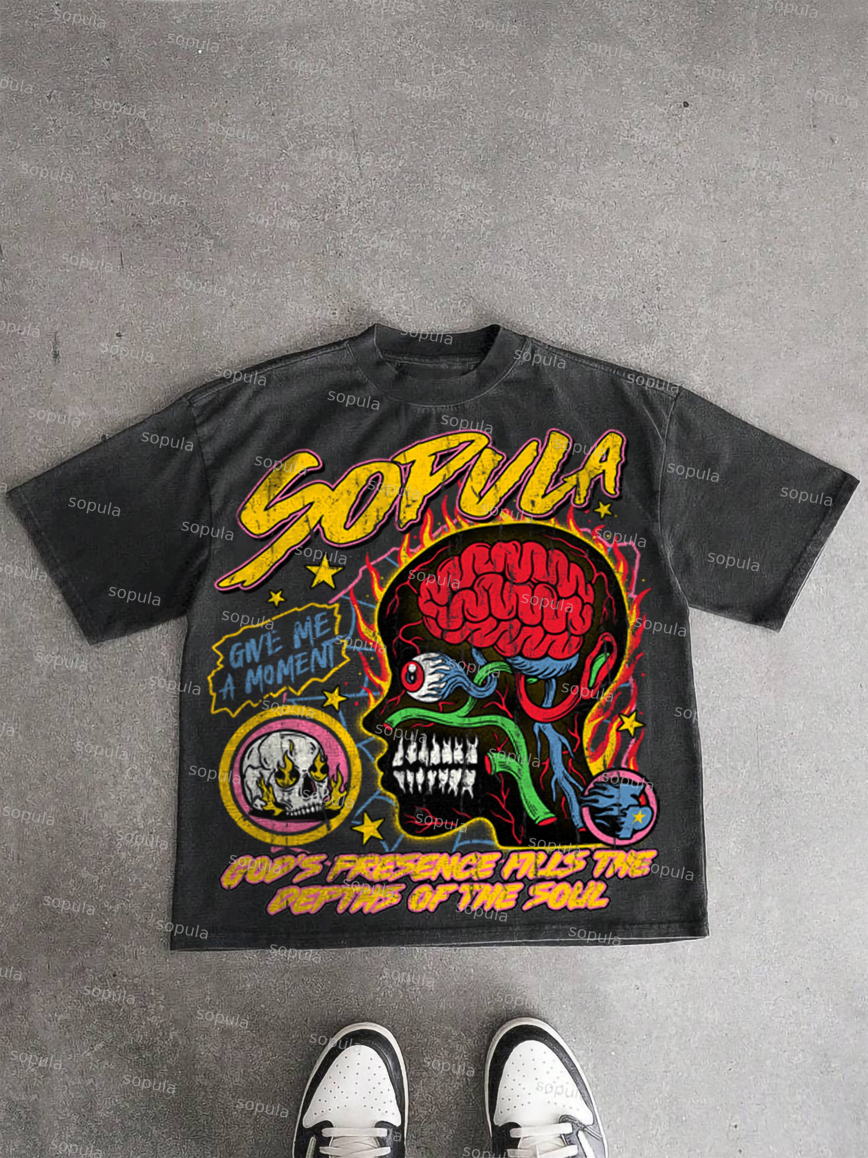 Vintage Burning Soul Graphic Acid Washed T-Shirt - Sopula｜Premium Graphic Tees & Graphic Clothing