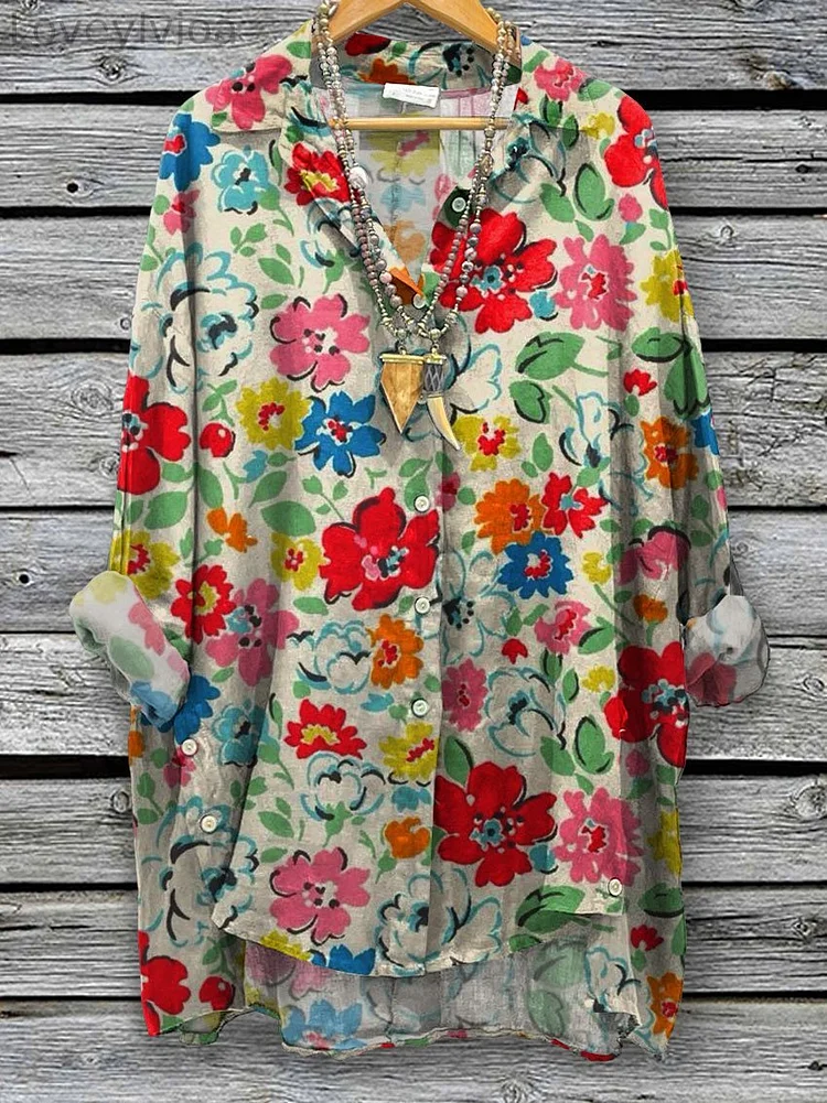 Women's Vintage Flower Art Print Casual shirtdress