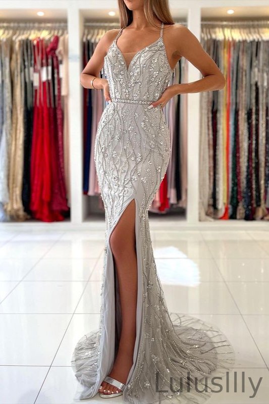 ClassicSpaghett-Straps Mermaid Evening Dress Beadings Split Party Gown - lulusllly