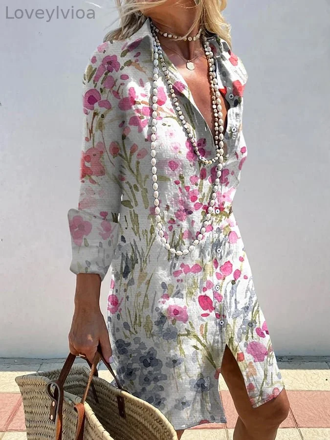Women's Elegant Floral Print Shirt Dress