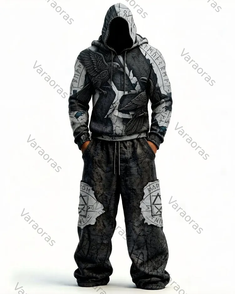 Men's Viking Color-Blocked Raven Embroidered Hoodie and Pants Two-Piece Set 8374