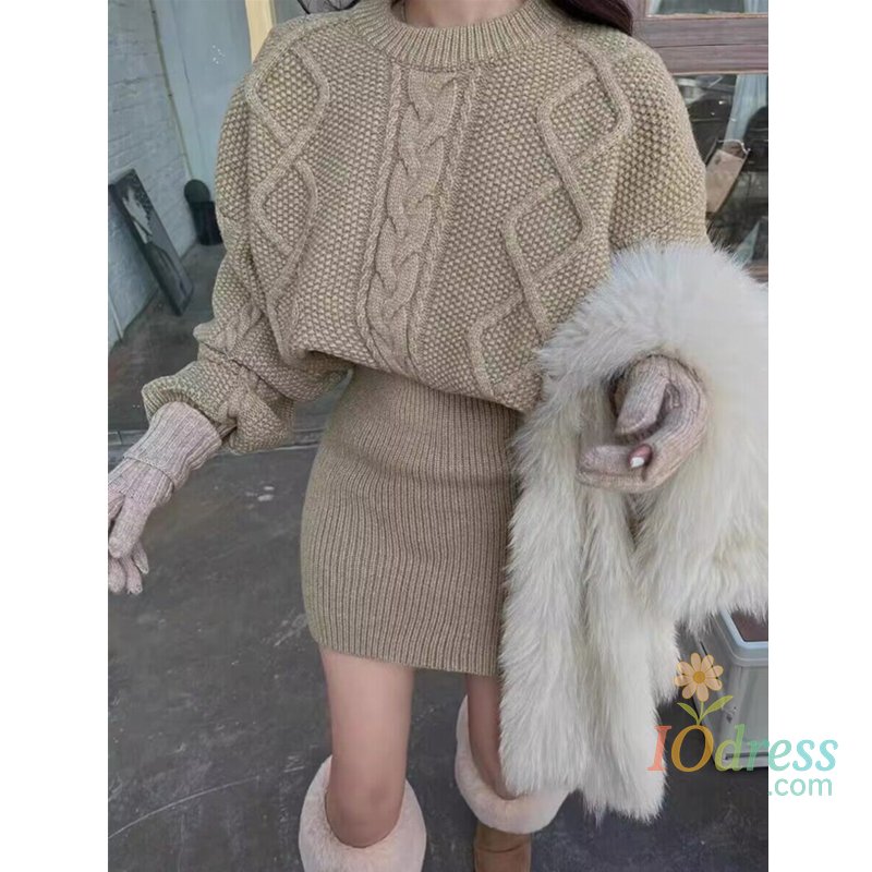 IO Dress New Pink Vintage O Neck Slim Fried Dough Twists Women's Knitted Dress Autumn Winter Korean Bat Sleeve Thickened Women's Dress