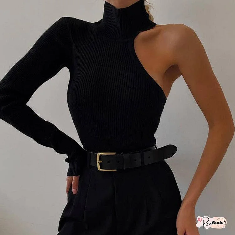 Elegant Round Neck One Shoulder Long Sleeves  T-Shirt