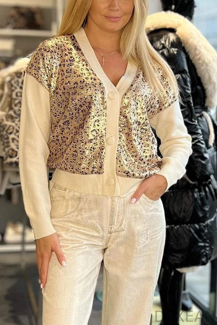 Women's V-neck Gold-stamped Leopard Printed Top