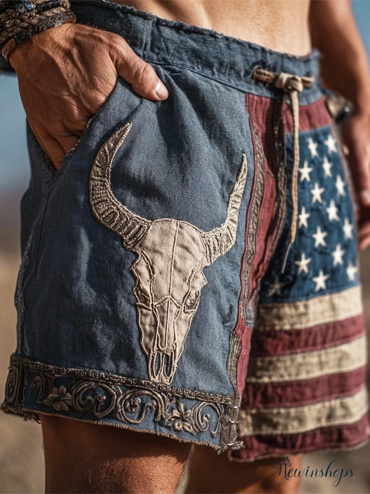 Vintage Western Bull Skull & Flag Elements Men's Linen Shorts