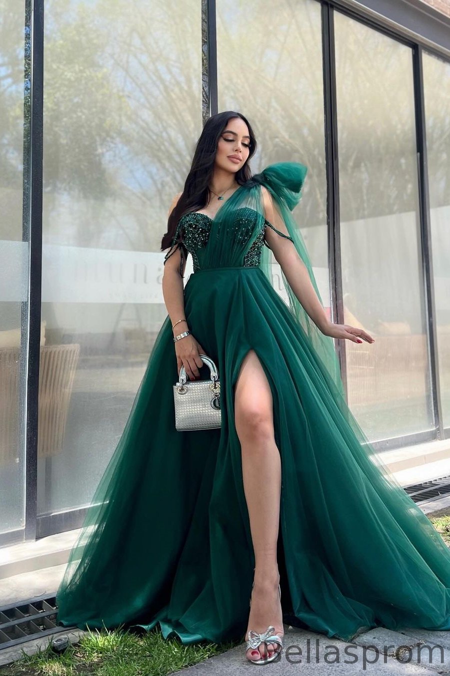 Bellasprom Emerald Green One Shoulder Sweetheart Sleeveless Prom Dress Mermaid Tulle With Split Sequins Bellasprom