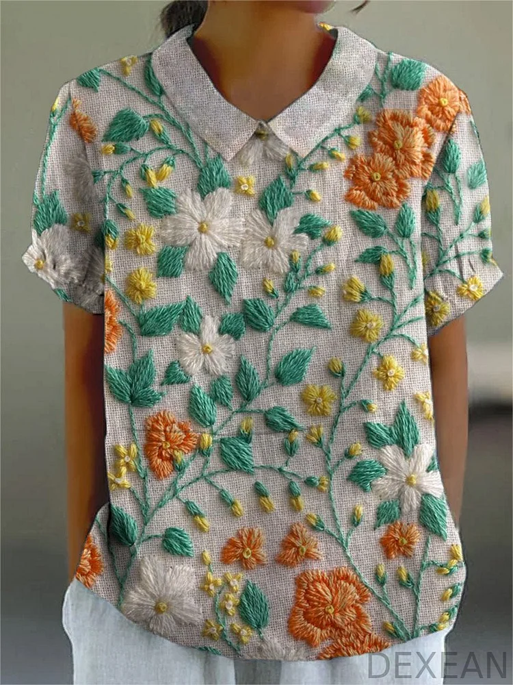 Women's Retro Floral Art Print Casual Cotton And Linen Shirt