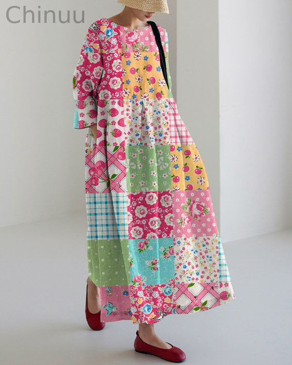 Vintage Contrast Floral Bohemian Long Sleeve Dress