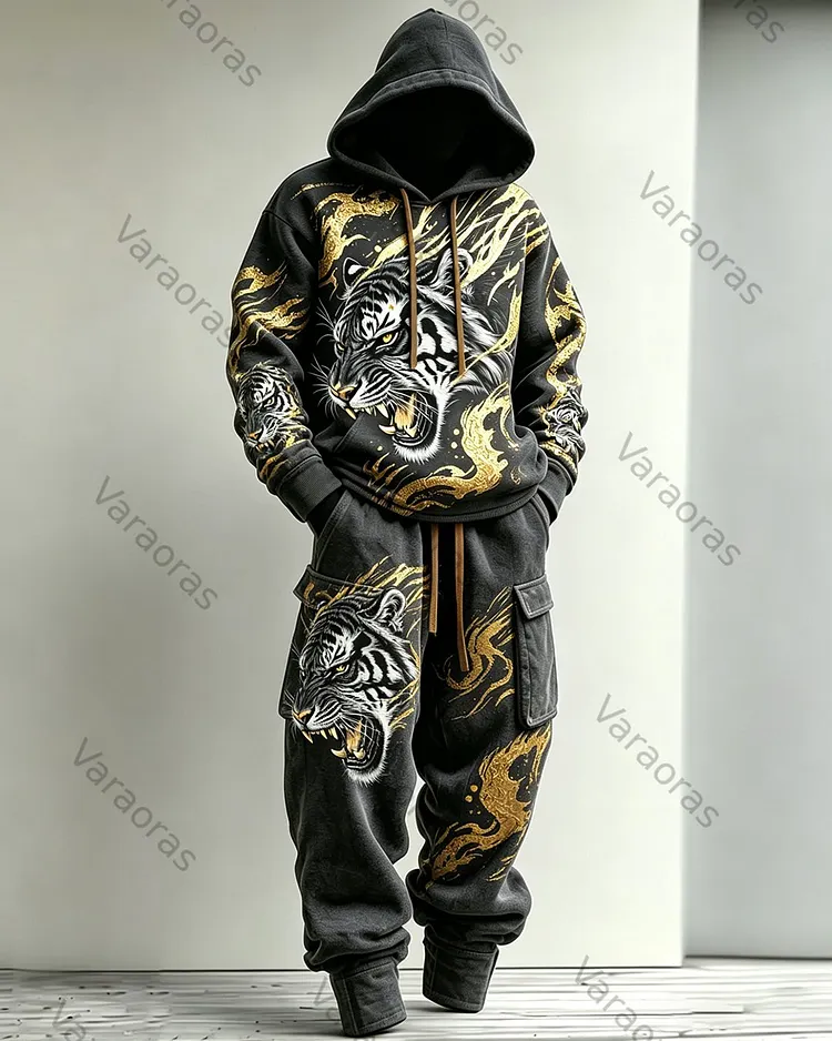 Men's Fashion Vintage Contrast Color Tiger Embroidered Hoodie & Pants Two-Piece Set 9765