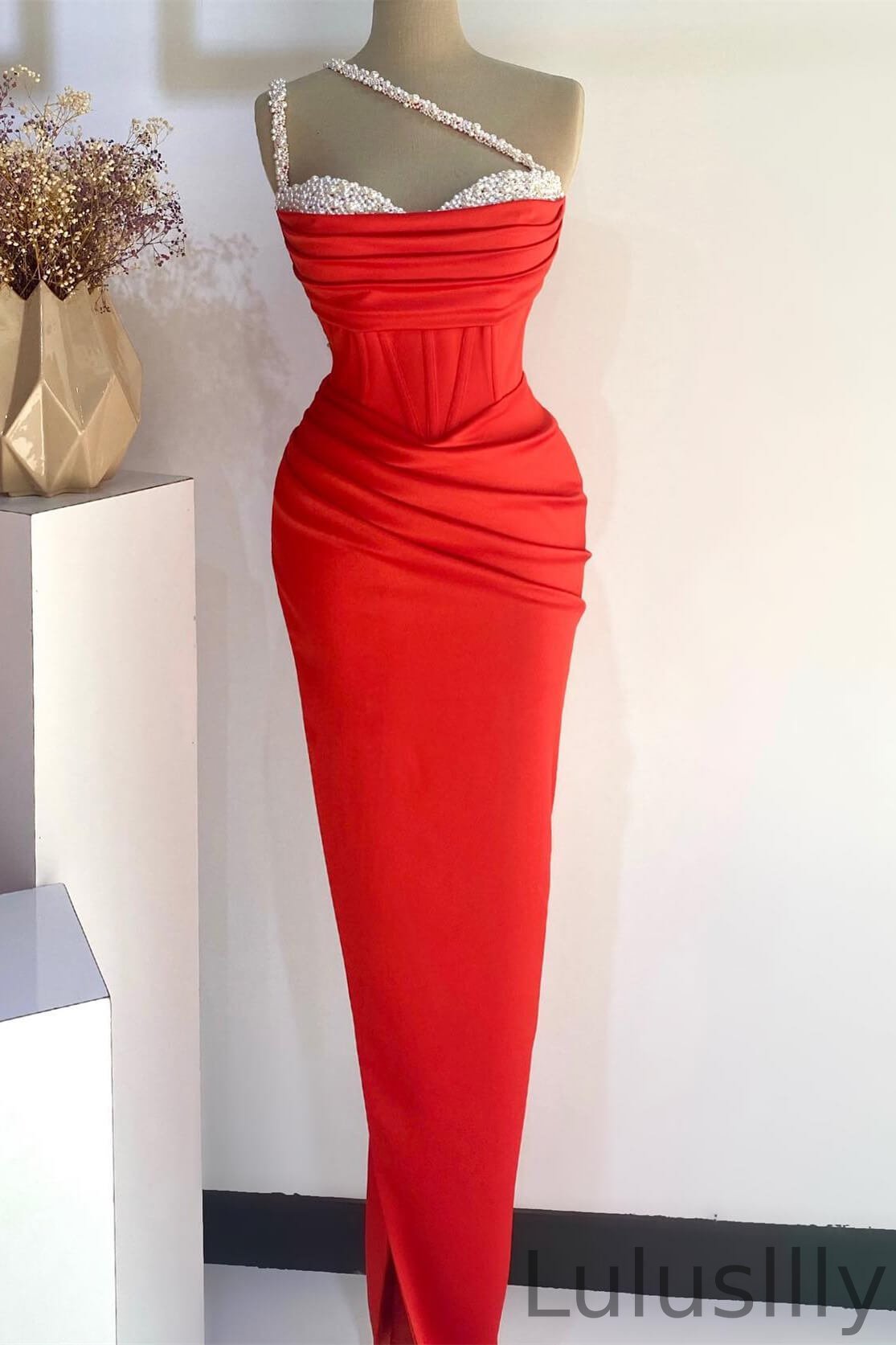 Chic Red One Shoulder Sleeveless Mermaid Evening Gown With Pearls Online - lulusllly