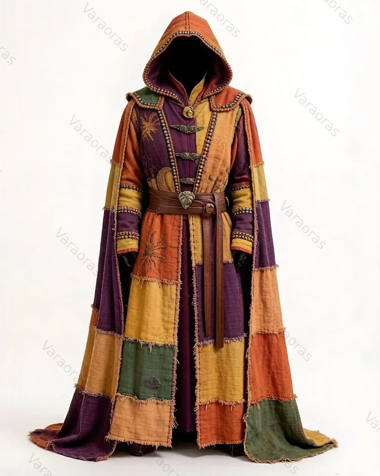 Men's Original Fashionable Comfortable Hippie Rainbow Color Print Embroidery Hand-stitched Cotton Linen Cape  6383