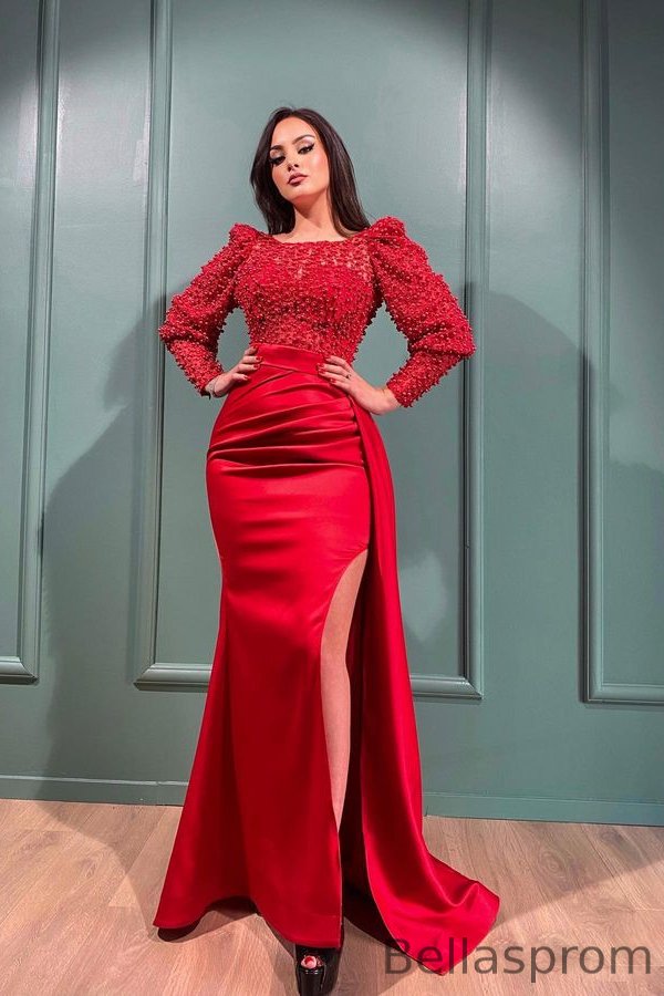 Bellasprom Red Long Sleeves Mermaid Prom Dress Split Long Ruffles With pearls Bellasprom