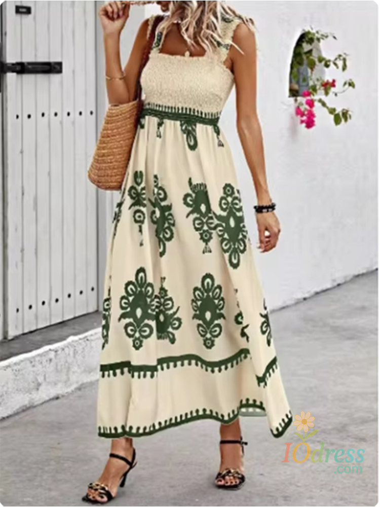 IO Dress Trendy Square Neck Sleeveless Printed Dresses Women's Suspender High Waist Dress Beach Vacation Robe IO Dress
