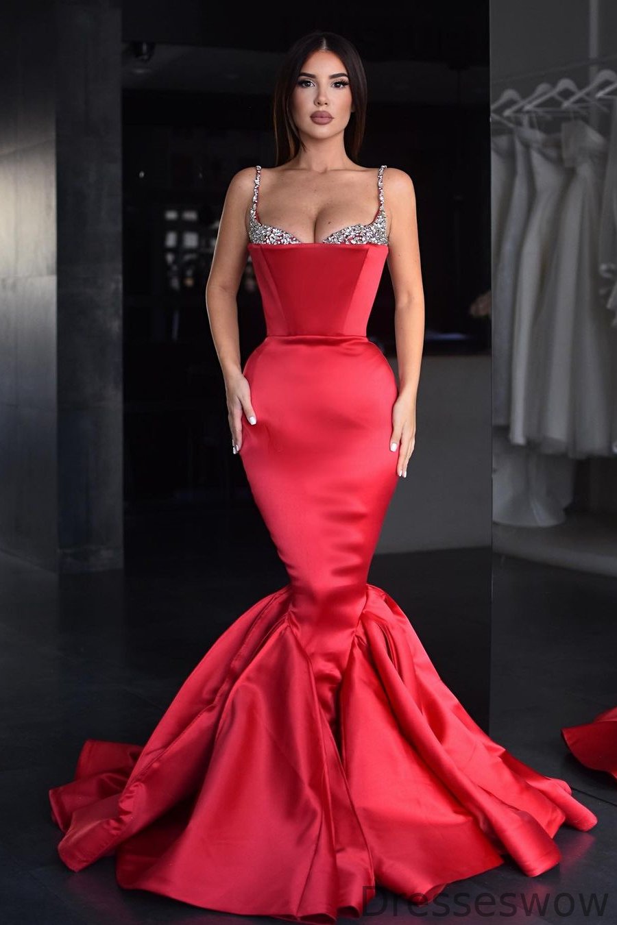 Dresseswow Red Spaghetti-Straps Sleeveless Mermaid Prom Dress With Beads On Sale