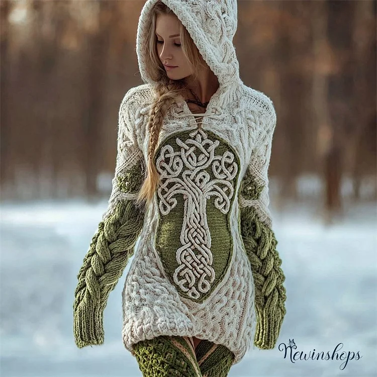 Viking Tree Of Life Celtic Contrast Cozy Chunky Hooded Sweater
