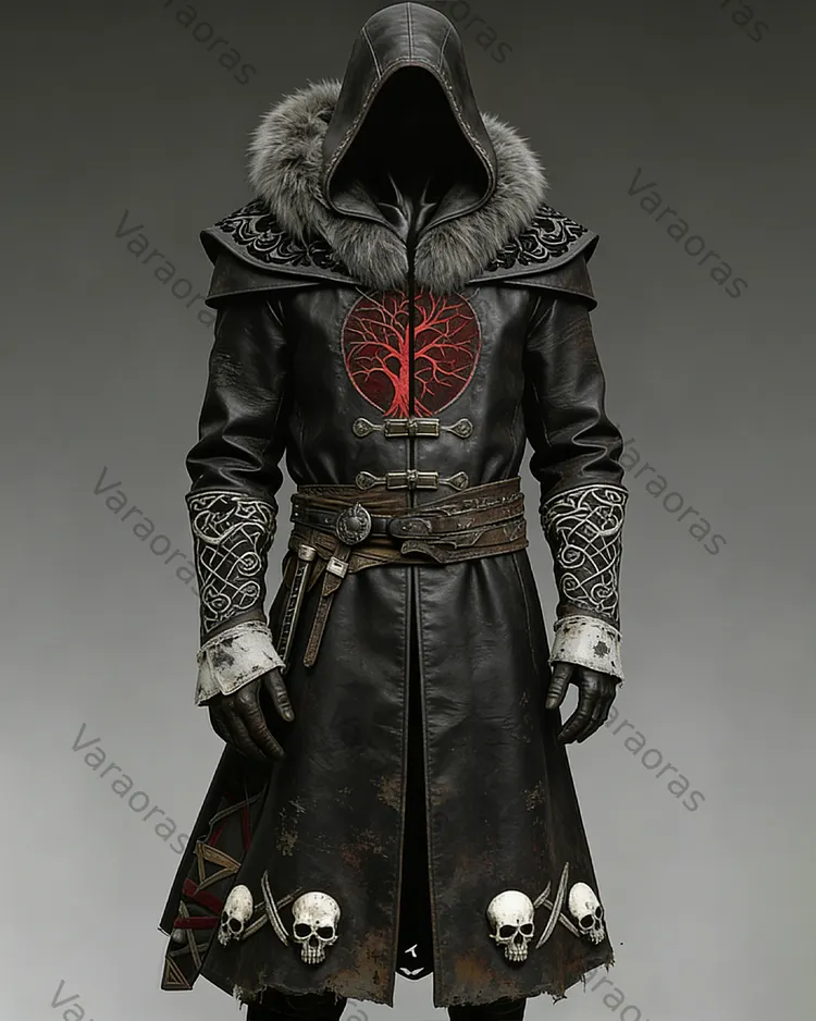 Men's Winter Retro Viking Theme Tree of Life Embroidered Fur Collar Leather Hooded Coat 5464