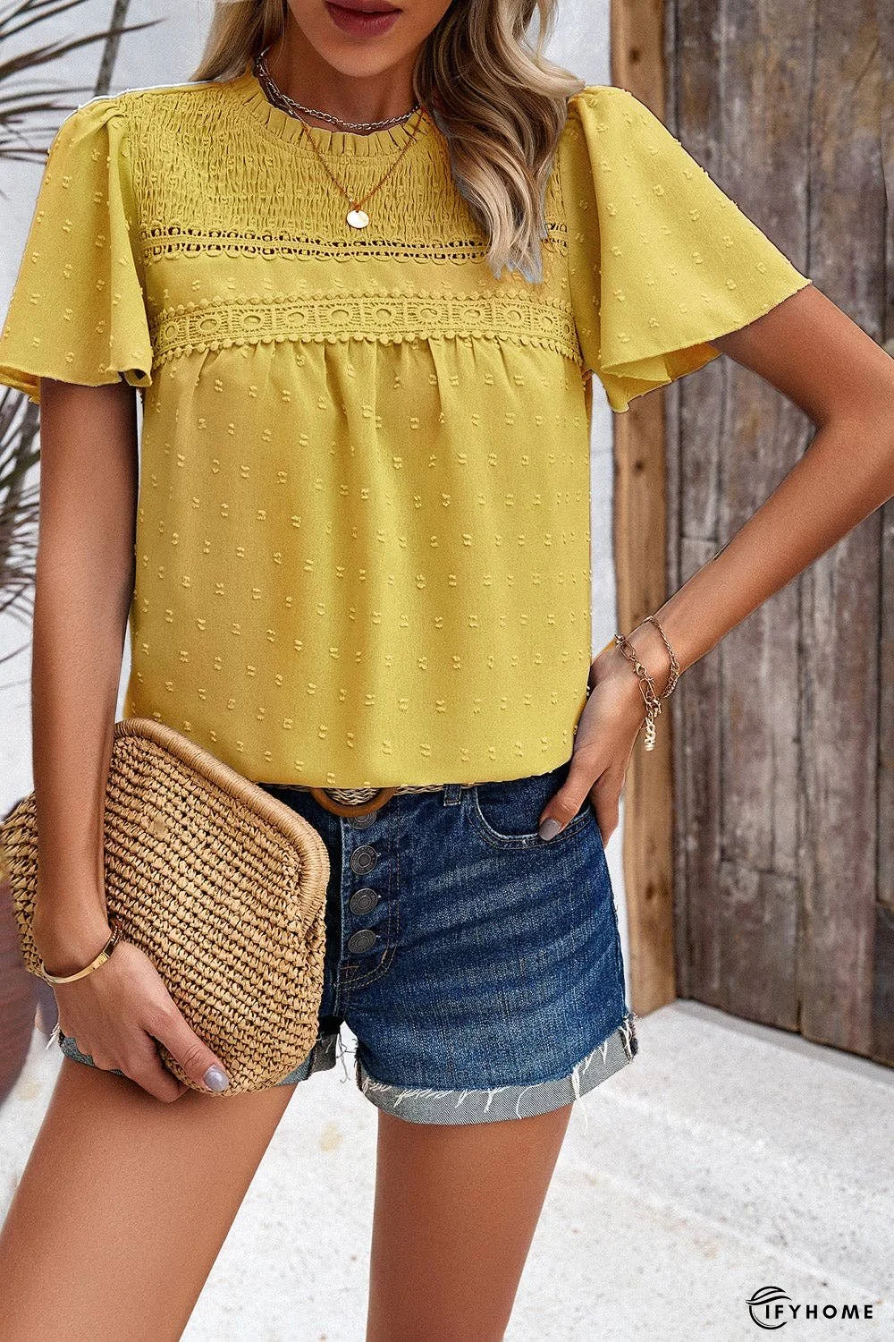 Swiss Dot Smocked Round Neck Short Sleeve Blouse | IFYHOME