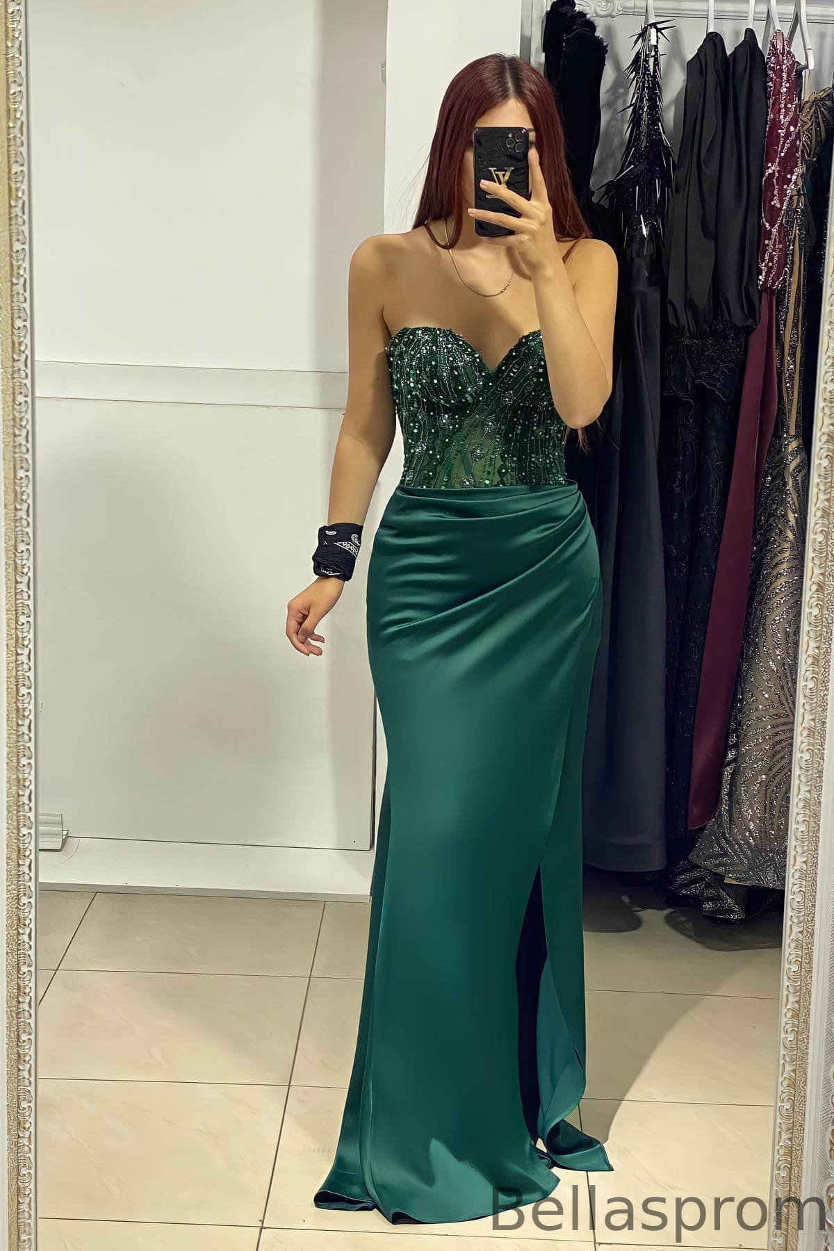 Bellasprom Dark Green Sweetheart Sleeveless Mermaid Prom Dress With Split Sequins Beadings Bellasprom