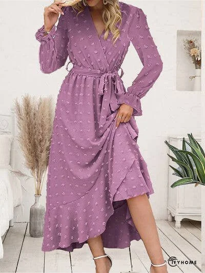 Swiss Dot Tie Waist Flounce Sleeve Dress | IFYHOME