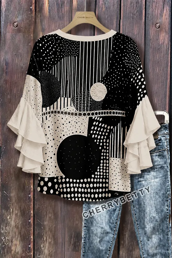 CHERRYBETTY Mixed Polka Dot Print Hollow Out Ruffle Sleeve Top