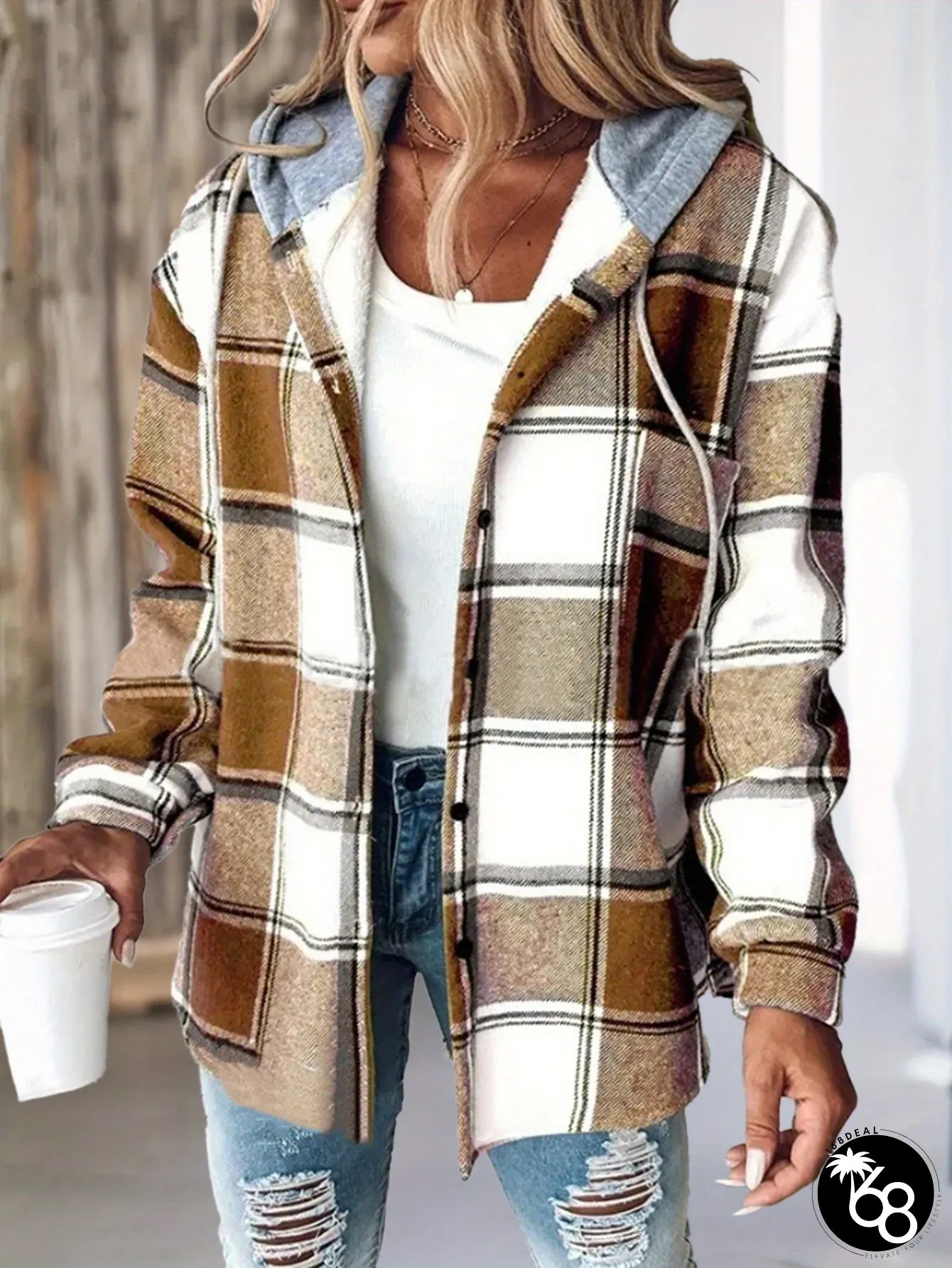 Womens Oversized Hooded Jacket with adjustable drawstring hood chest pocket plaid pattern | 168DEAL
