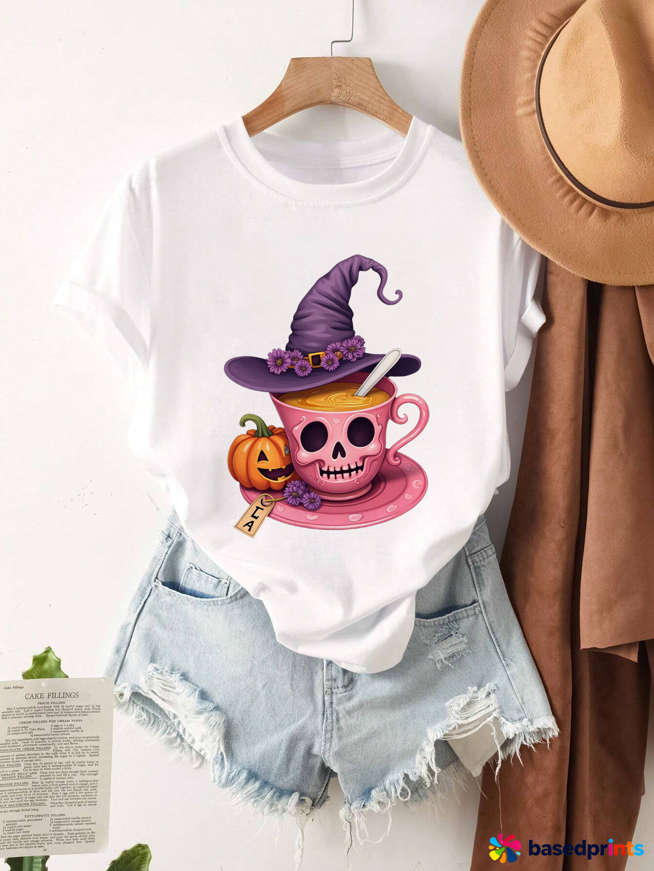 Halloween Witch Coffee Cup Skull Pumpkin T-Shirt Women Casual Short Sleeve Tee Tops