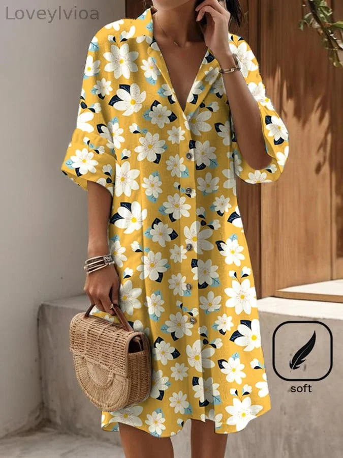 Women's Elegant Floral Print Shirt Dress