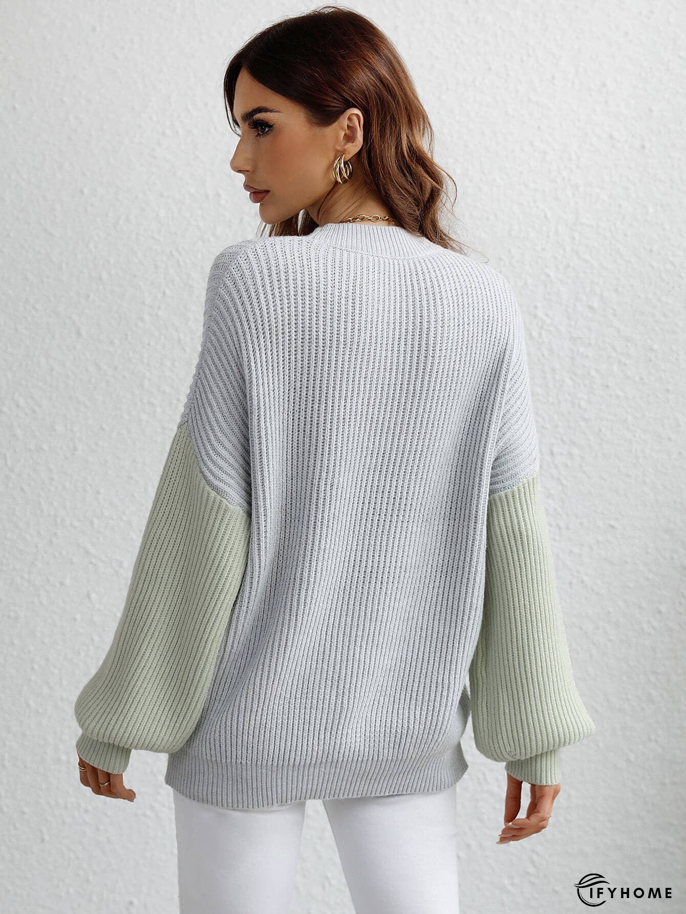 Two-Tone Rib-Knit Dropped Shoulder Sweater | IFYHOME