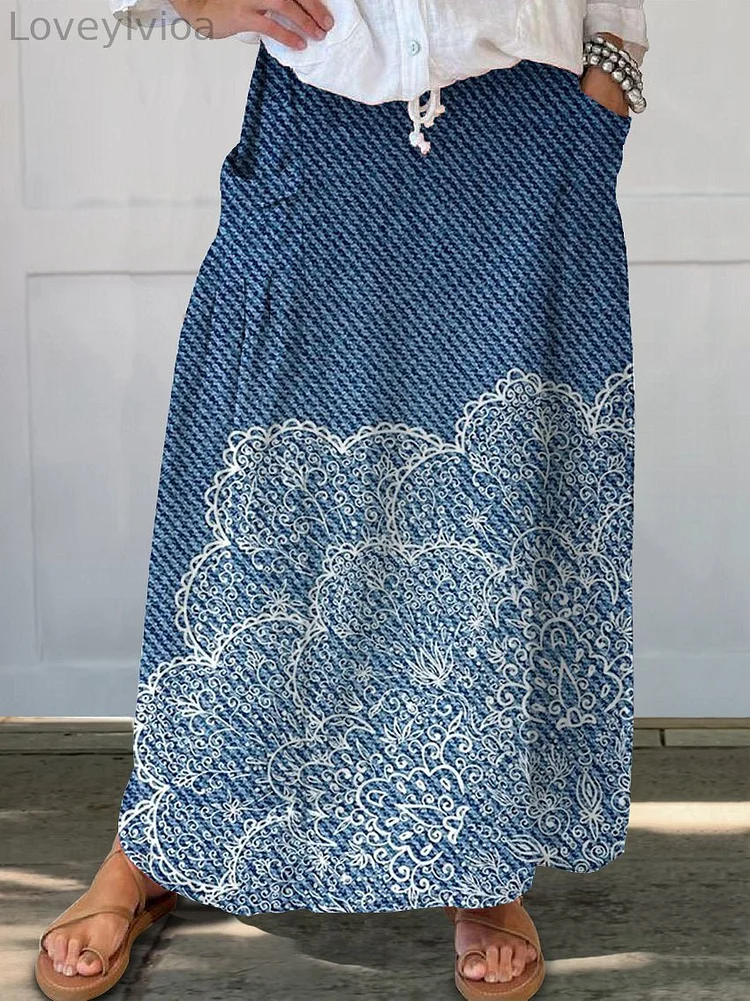 Women's Denim Texture Flowers Casual Print Linen Pocket Skirt