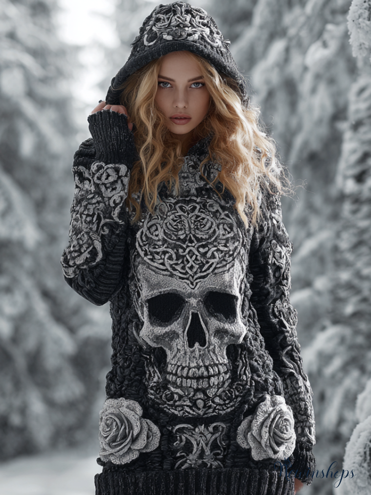 Halloween Skeleton Element Viking Style Women's Hooded Pullover Knit Sweater