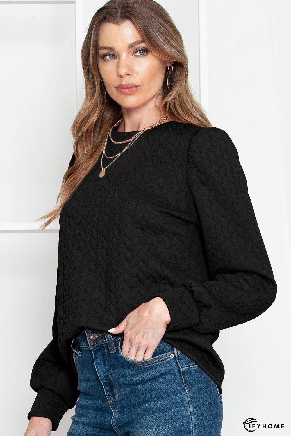 Rosy Waffle Quilted Puff Sleeve Sweatshirt | IFYHOME