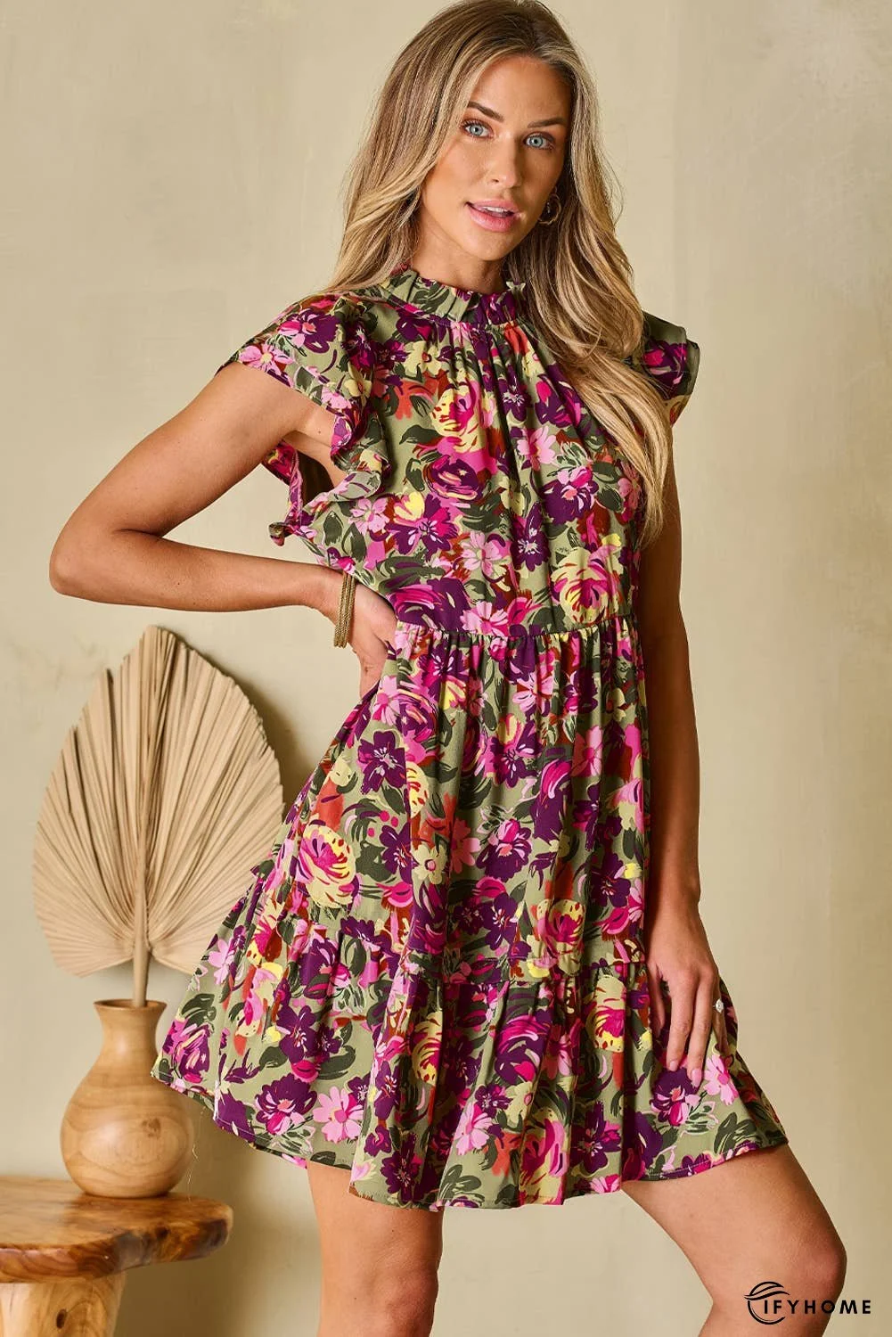 Floral Print Ruched Flutter Sleeve Frilled Neck Mini Dress | IFYHOME
