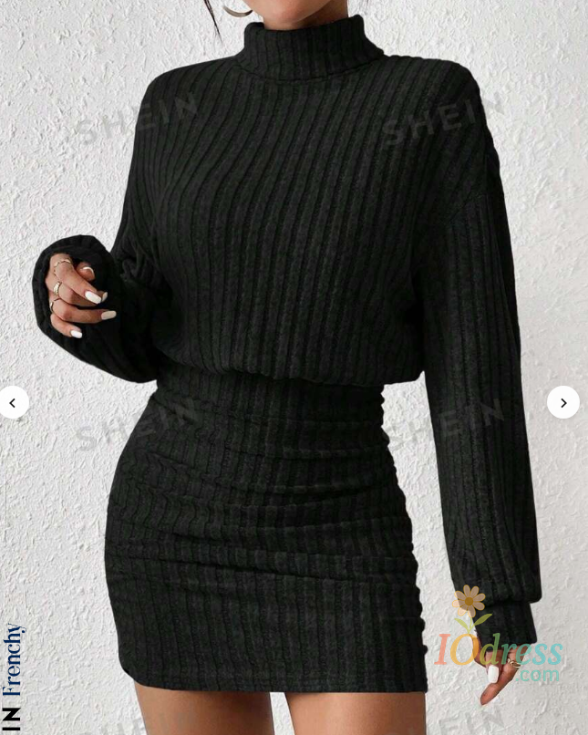 IO Dress Women's Autumn Winter Fashion High Neck Knitted Sweater Dress Female Casual Solid Loose Long Sleeve Warm Mid Length Dresses