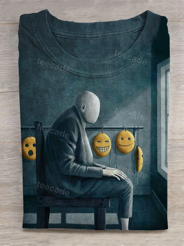 Teecade Teecade  Retro Mask Art Print Casual T-shirt