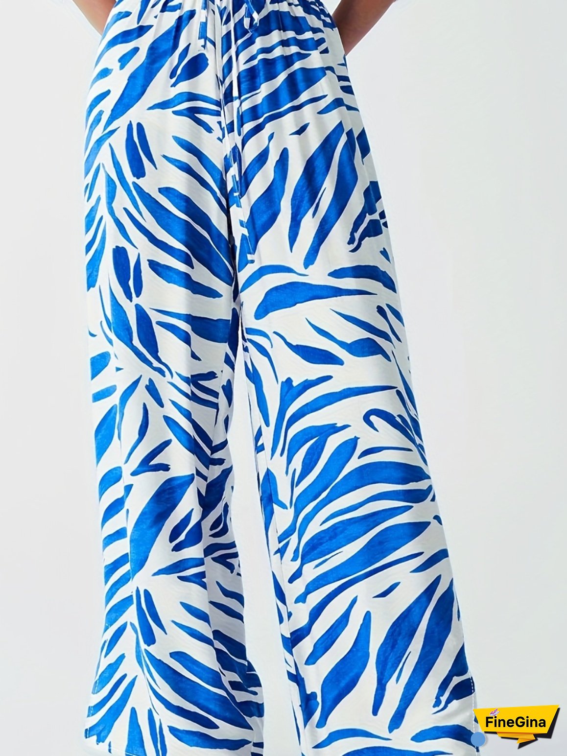 Women's Elegant Tropical Leaf Print Wide-Leg Pants With Drawstring Waist - Blue & White Striped Casual Spring/Summer Travel Vacation Pants, Machine Washable, Summer Fashion, No Stretch Fabric