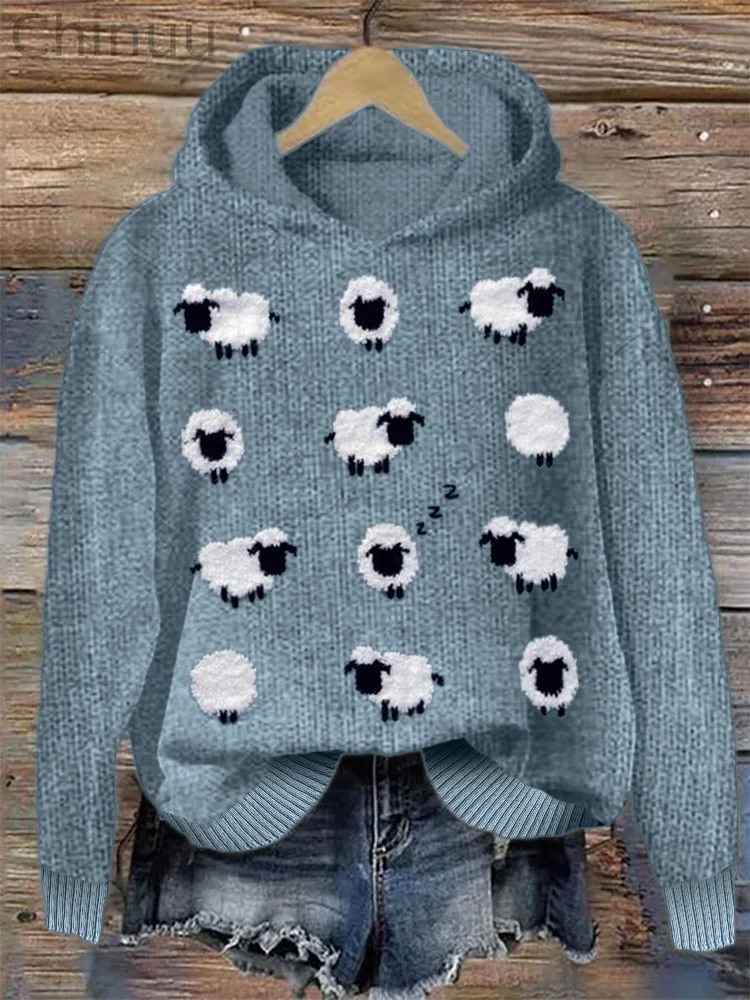 Lovely Sheep Pattern Cozy Knit Hoodie