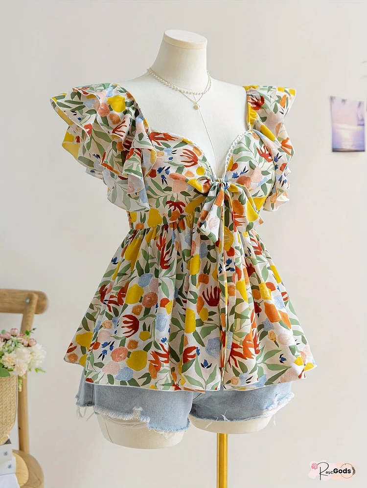 Plus Size, Bohemian Style Holiday Colorful Print Fabric Hat Sleeve Eyelet Collar Bow Front A-Line Dress For Summer
