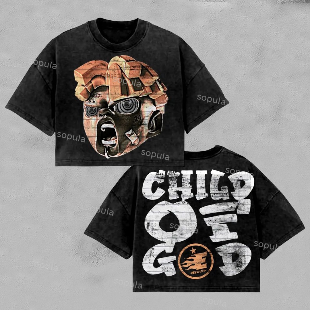 Vintage Child Of God Portrait Graphic Distressed Acid Wash T-Shirt