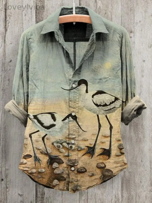 Women's Vintage Beach Bird Art Print Long Sleeve Cotton And Linen Shirt