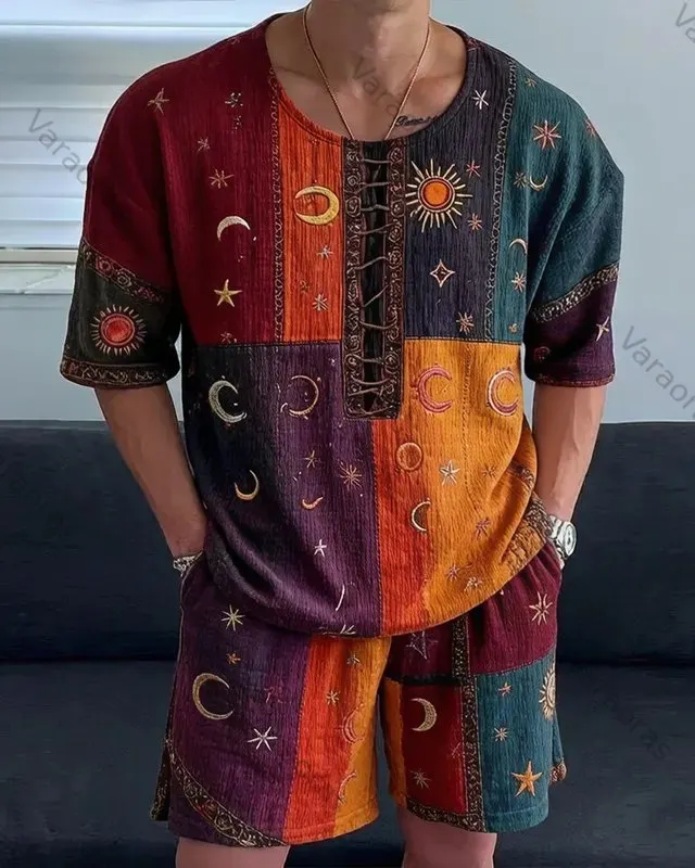 Men's Summer Outdoor Fashion Hippie Star and Moon Embroidered Rainbow Patchwork Top and Shorts Two-Piece Set 1100